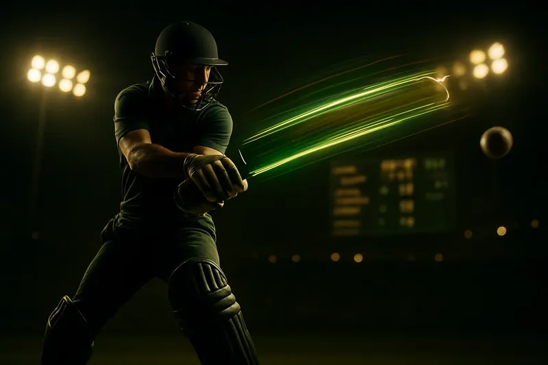 Cricket athlete in motion with neon speed trail under stadium floodlights