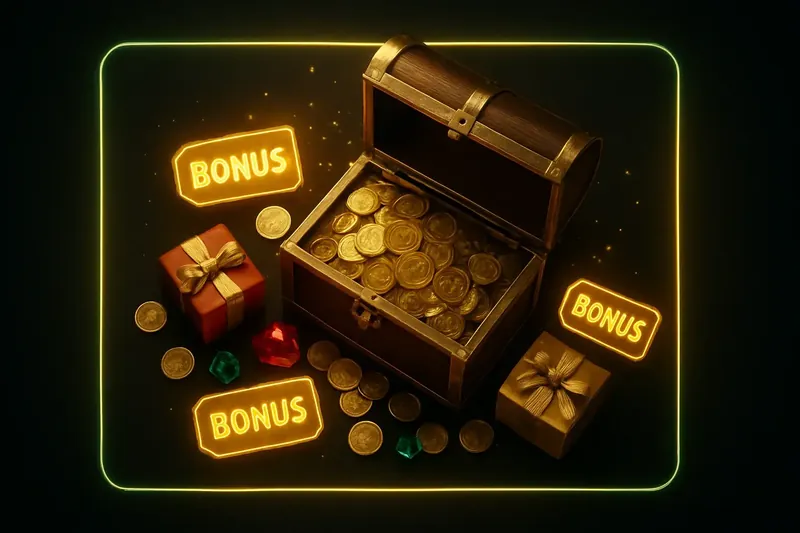 Golden treasure chest bursting with coins, gems, gift boxes, bonus tags