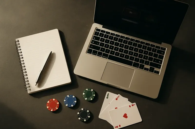 Editorial flat lay with laptop, notepad, casino chips and playing cards