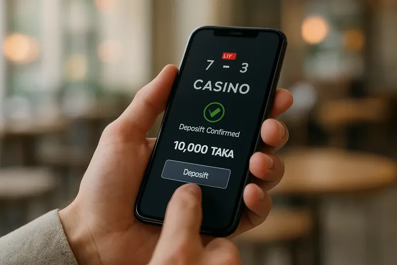 Man typing on smartphone with dark casino app and BDT deposit confirmation