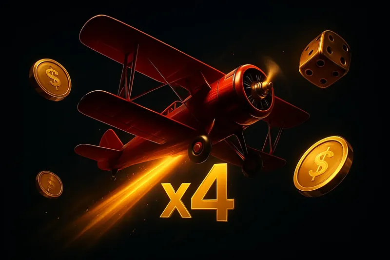 Red airplane soaring with glowing multiplier trail, coins and dice floating