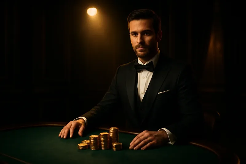 Professional dealer behind green felt table with golden chips under spotlight
