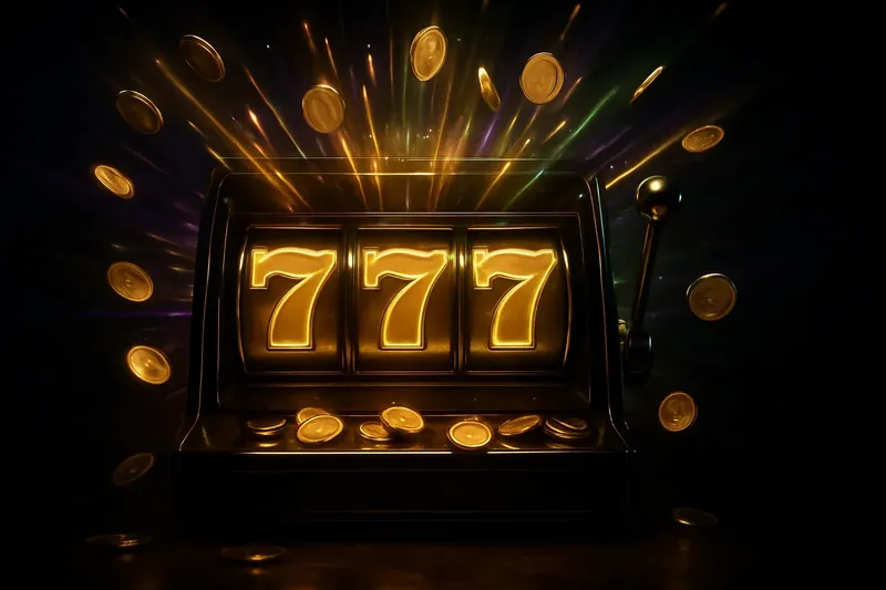 Slot machine jackpot with golden 777 symbols, coins, and neon light beams